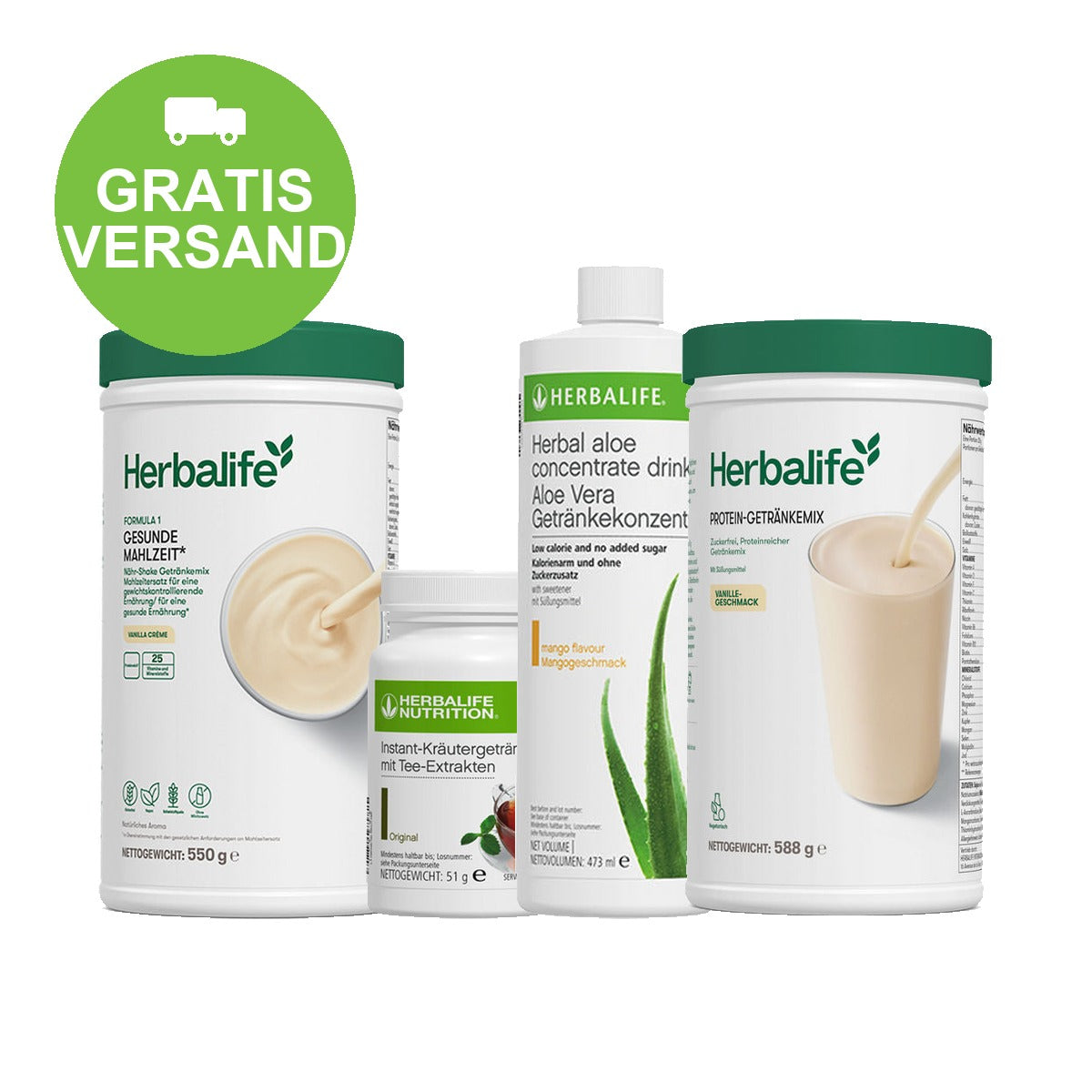 Herbalife Frühstückspaket Advanced: 1 x Formula 1 Gesunde Mahlzeit Shake, 550 g, 1 x Instant-Kräutergetränk mit Tee-Extrakten, 51 g, 1 x Aloe Vera Getränkekonzentrat, 473 ml, 1 x Protein-Getränkemix Vanillegeschmack, 21 Portionen
