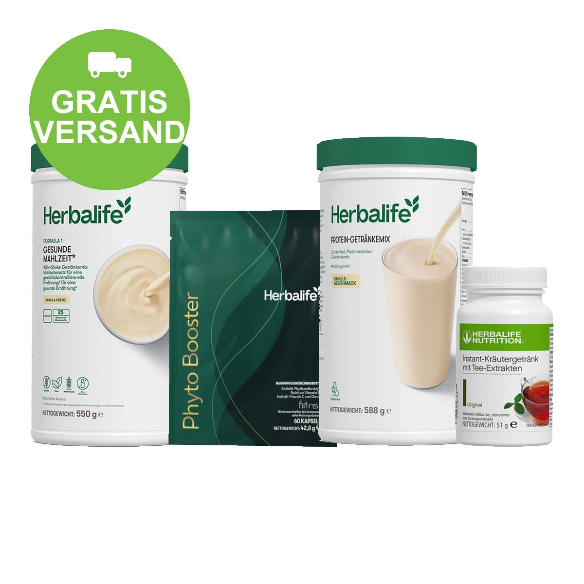 Herbalife Phyto Lean Programm: 1 x Formula 1 Gesunde Mahlzeit Shake, 550 g, 1 x Phyto Booster Pouch, 60 Kapseln, 1 x Protein-Getränkemix Vanillegeschmack, 21 Portionen, 1 x Instant-Kräutergetränk mit Tee-Extrakten, 51 g