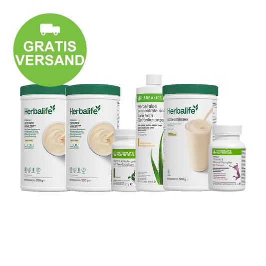 Herbalife Programm Gewichtskontrolle Ideal Plus: 2 x Formula 1 Gesunde Mahlzeit Shake, 550 g, 1 x Instant-Kräutergetränk mit Tee-Extrakten, 51 g, 1 x Aloe Vera Getränkekonzentrat, 473 ml, 1 x Protein-Getränkemix Vanillegeschmack, 21 Portionen, 1 x Formula 2 Vitamin & Mineral Komplex, 60 Tabletten